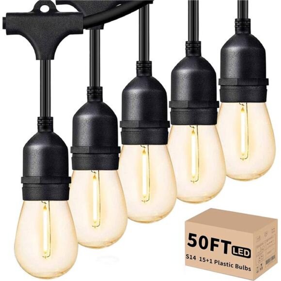 Outdoor Led String Lights 50FT, Patio Lights with 16pcs S14 Shatterproof Bulbs - Picture 1 of 7
